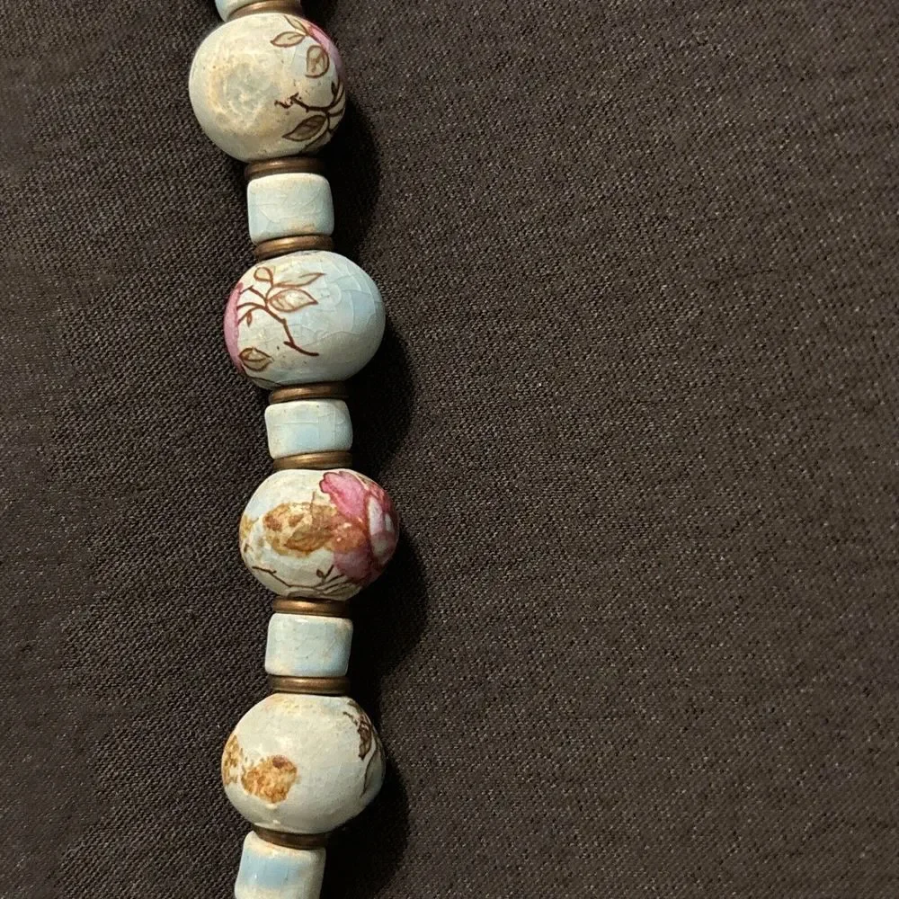 Vintage Hand Painted Porcelain Bead Necklace Turquoise Color Blue With Roses